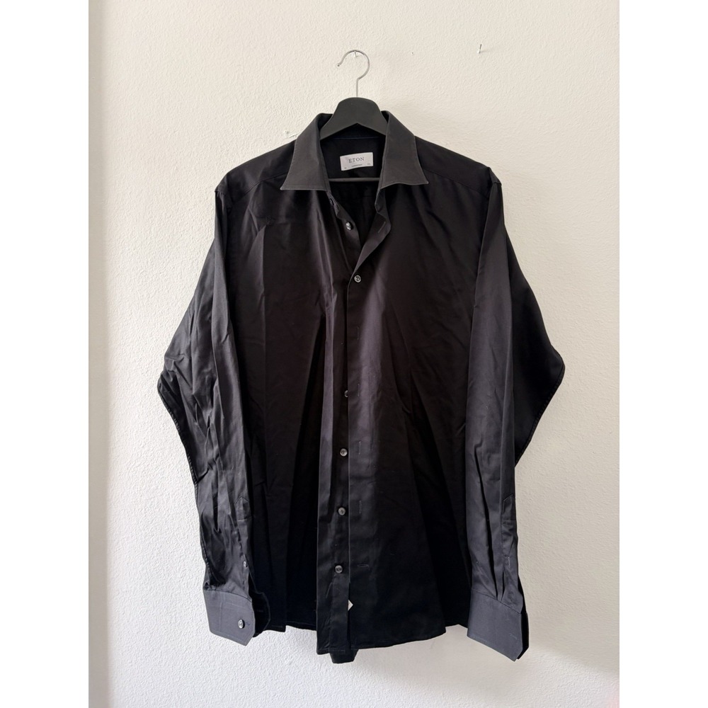 Eton Mens Dress Shirt Black Contemporary Fit Long Sleeve Size 44 17.5